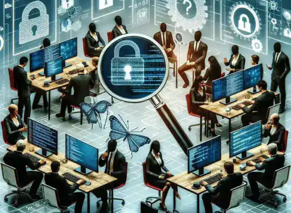 "DeepSeek security team conducting safety protocol review in a high-tech lab setting, emphasizing the importance of robust security standards following recent test failures."