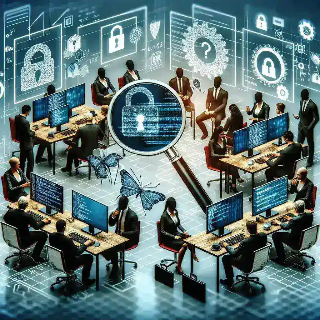 "DeepSeek security team conducting safety protocol review in a high-tech lab setting, emphasizing the importance of robust security standards following recent test failures."
