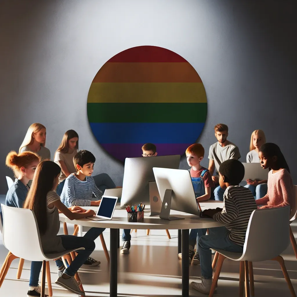"Children engaging safely with digital devices in a balanced environment, reflecting the impact of the new bill aimed at enhancing online safety while addressing LGBTQ+ concerns."