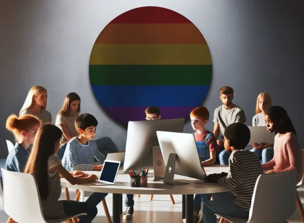 "Children engaging safely with digital devices in a balanced environment, reflecting the impact of the new bill aimed at enhancing online safety while addressing LGBTQ+ concerns."