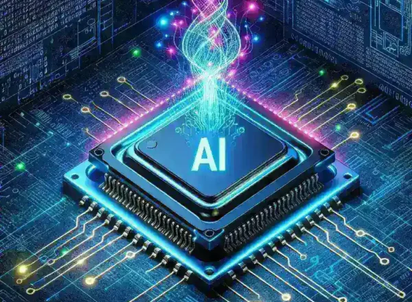 "An Apple engineer working on custom chip design, illustrating the integration of generative AI technology in Apple's innovation process. The image captures the cutting-edge environment where advanced chip fabrication techniques are developed, showcasing tools and digital interfaces used in the design process."