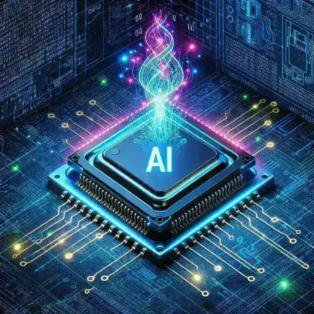 "An Apple engineer working on custom chip design, illustrating the integration of generative AI technology in Apple's innovation process. The image captures the cutting-edge environment where advanced chip fabrication techniques are developed, showcasing tools and digital interfaces used in the design process."