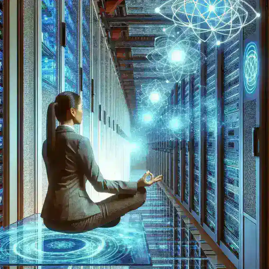 "Graphical representation of quantum-resistant cybersecurity systems in a modern financial office, illustrating CFO technology strategies for enhanced data protection and risk management in business."