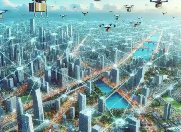 "Drone delivering package over a bustling metropolitan skyline showcasing advanced drone delivery network connecting urban areas."