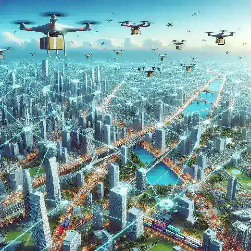 "Drone delivering package over a bustling metropolitan skyline showcasing advanced drone delivery network connecting urban areas."