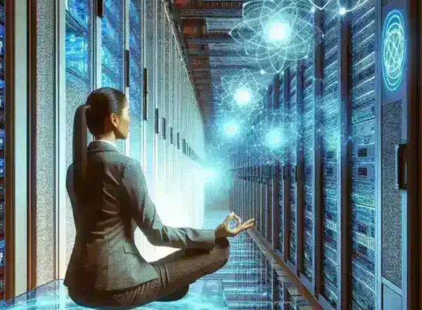 "Graphical representation of quantum-resistant cybersecurity systems in a modern financial office, illustrating CFO technology strategies for enhanced data protection and risk management in business."