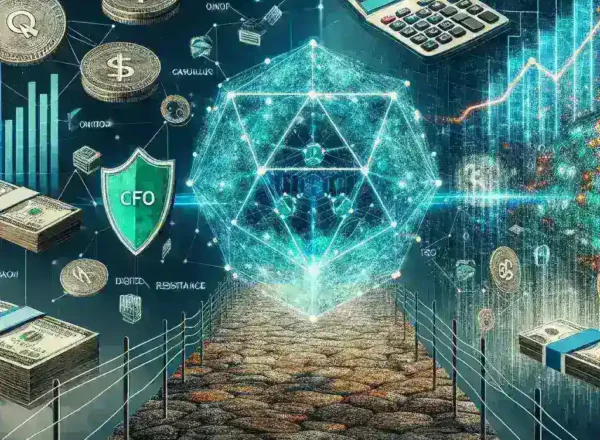 "Business executive analyzing financial data on a digital tablet, surrounded by quantum resistant technology graphics, illustrating innovative strategies for CFOs to enhance cybersecurity in finance."