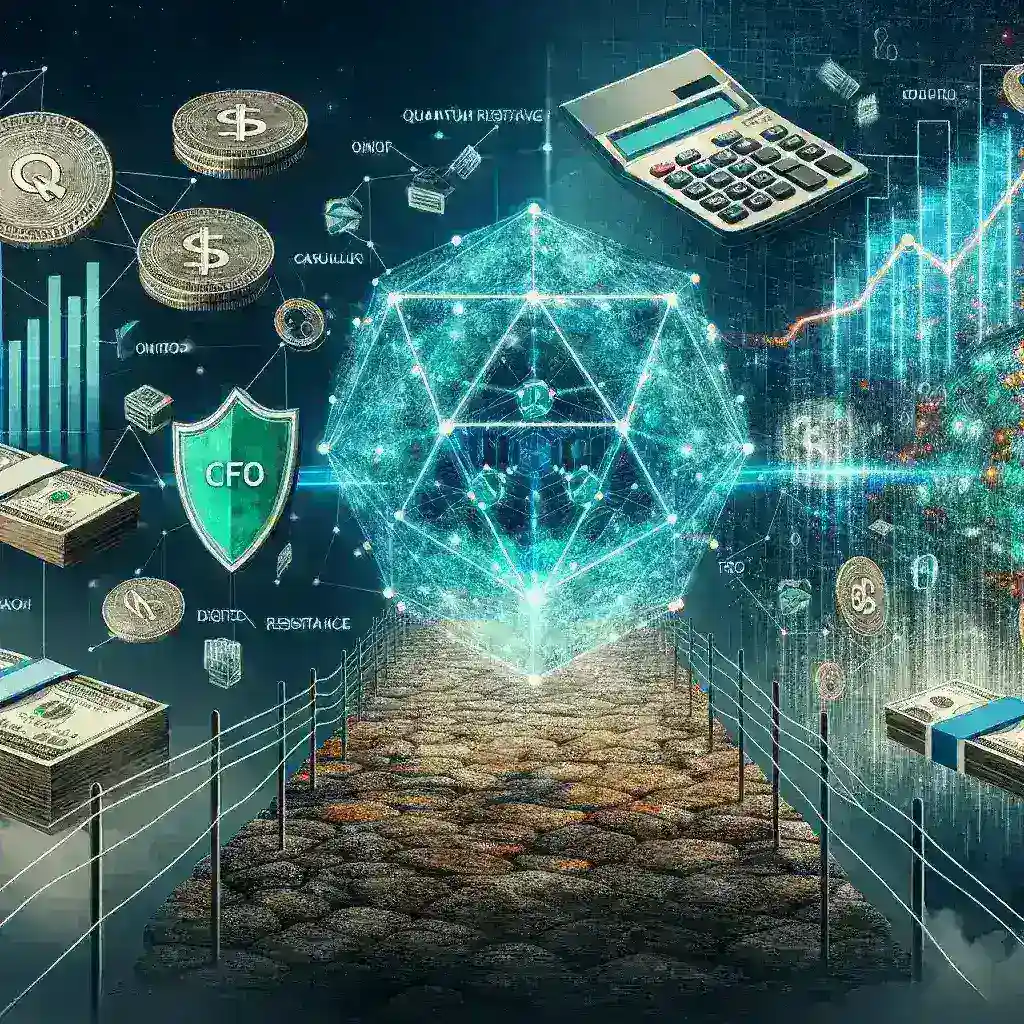 "Business executive analyzing financial data on a digital tablet, surrounded by quantum resistant technology graphics, illustrating innovative strategies for CFOs to enhance cybersecurity in finance."