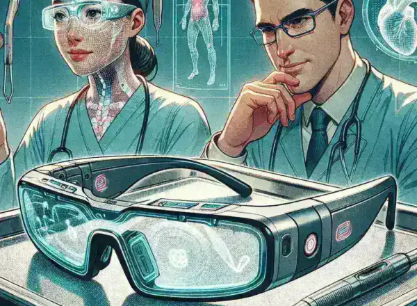 "Surgeon wearing AI enhanced surgical imaging glasses during a medical procedure, demonstrating how real-time technology guides precise movements in the operating room."