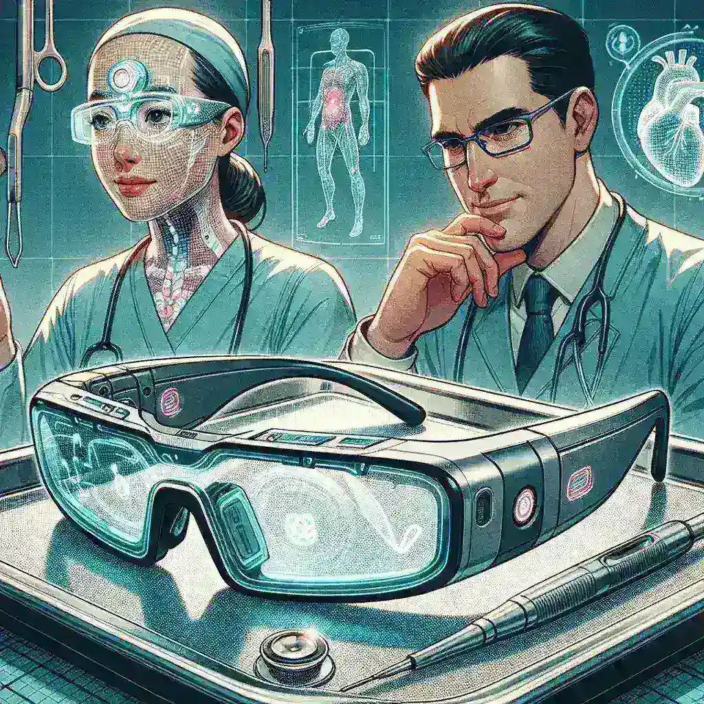 "Surgeon wearing AI enhanced surgical imaging glasses during a medical procedure, demonstrating how real-time technology guides precise movements in the operating room."