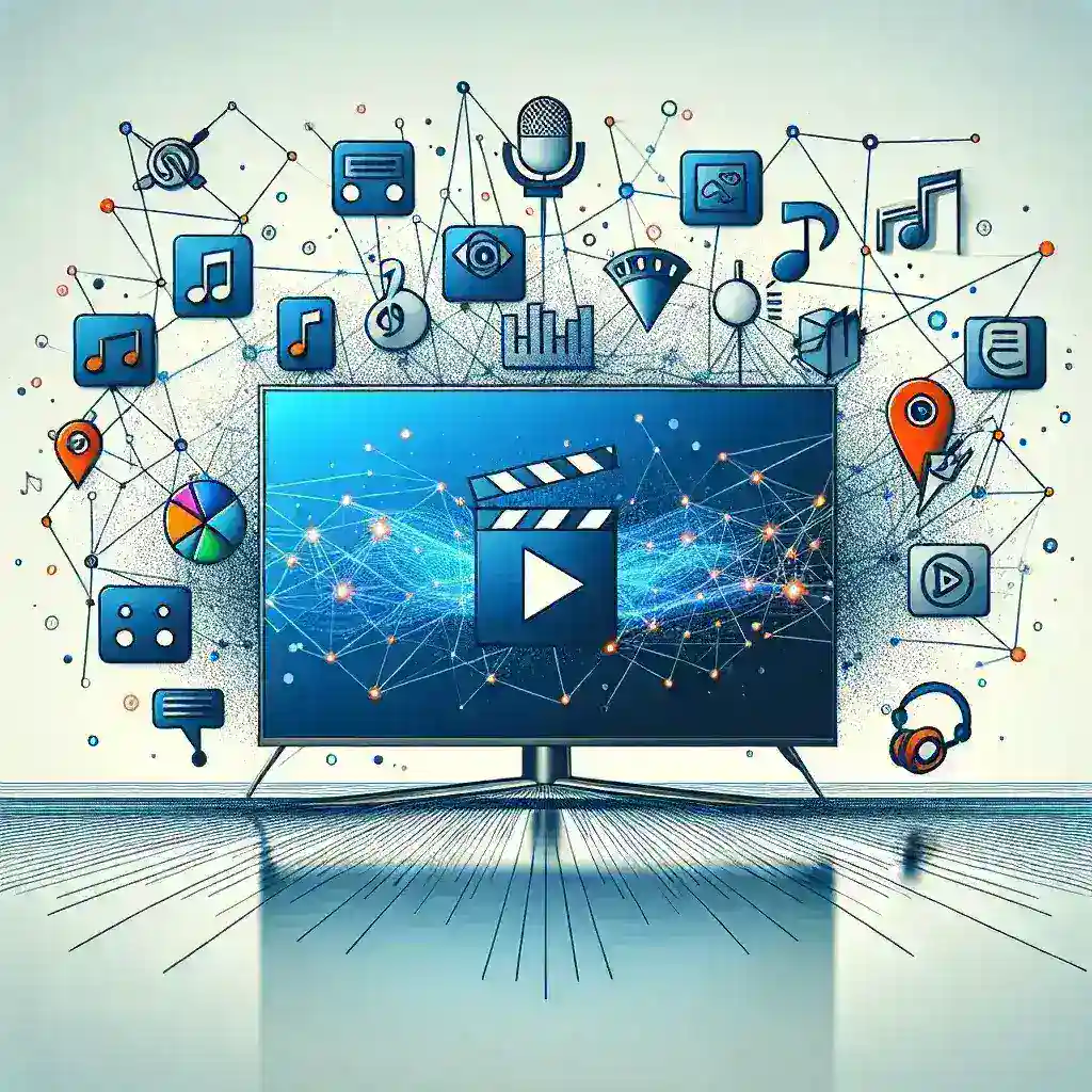 "Person using a smart TV with a universal watchlist app, displaying multiple streaming service icons for seamless viewing experience across platforms."